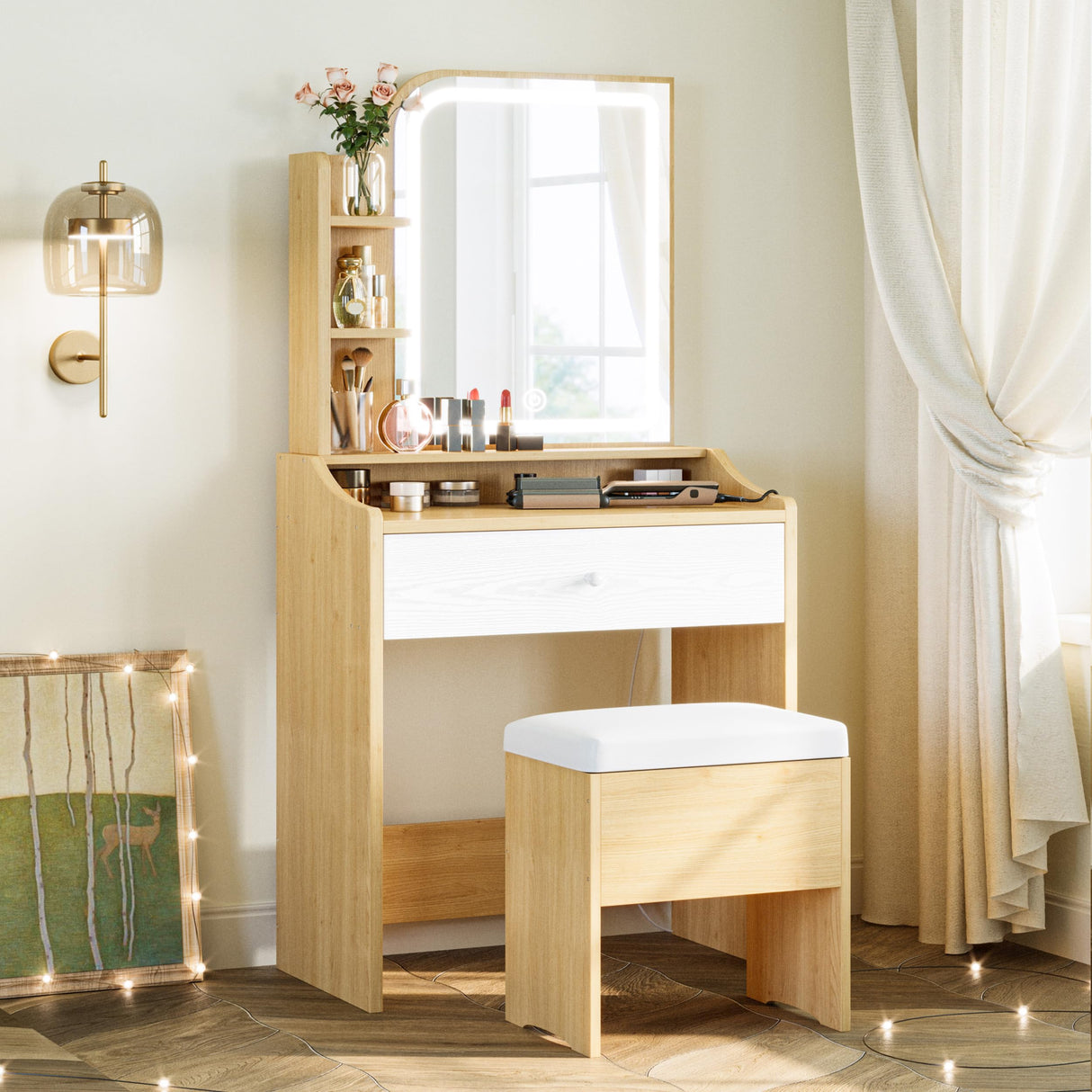 LIKIMIO Small Makeup Vanity Desk with Mirror and Lights, Vanity Table Set with Storage Drawer, Chair and Three Shelves, Bedroom, Wood LIKIMIO