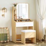 LIKIMIO Small Makeup Vanity Desk with Mirror and Lights, Vanity Table Set with Storage Drawer, Chair and Three Shelves, Bedroom, Wood LIKIMIO