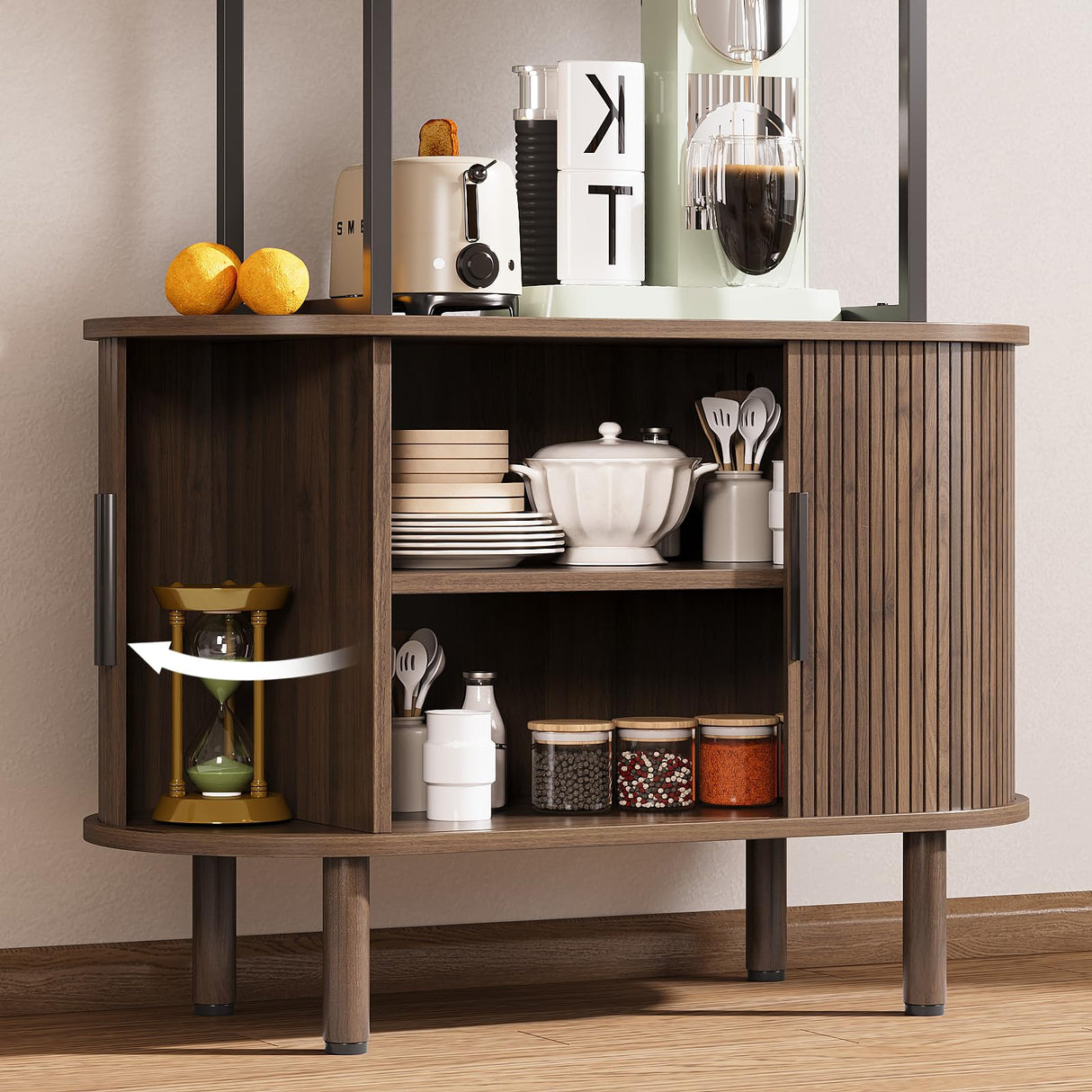 Espelism 71" Tall Mid-Century Display Shelf Bookshelf with Sliding Tambour Doors, 4-Tier Freestanding Vinyl Record Player Stand Fluted Storage Cabinet for Living Room, Bedroom, Home Office Espelism