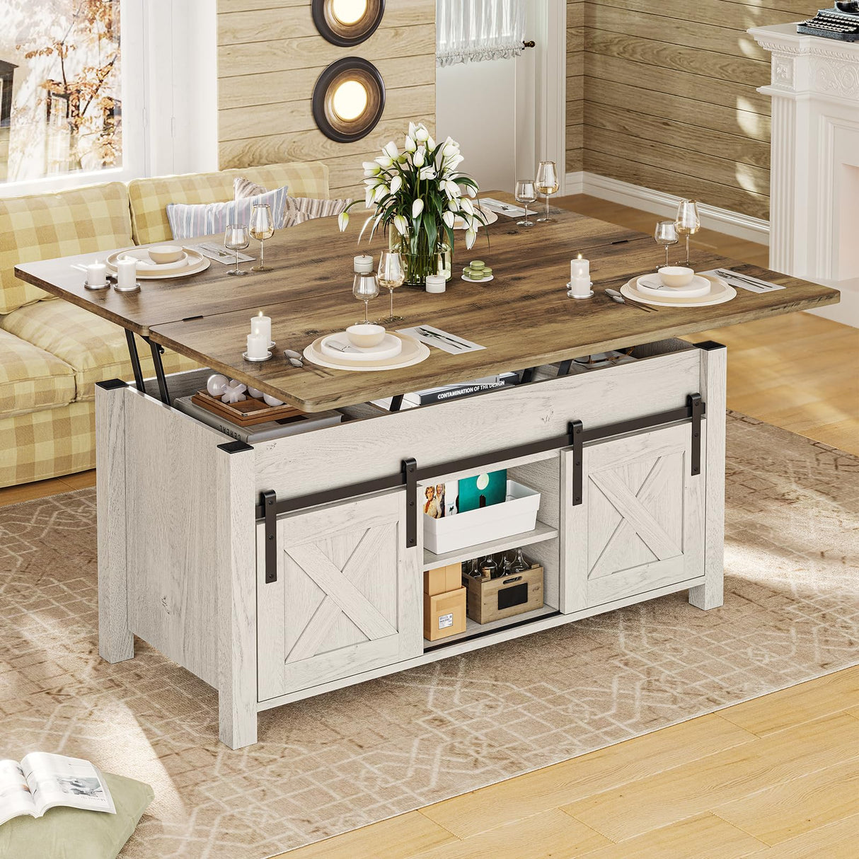 SEDETA Lift Top Coffee Table, 4 in 1 Multi-Function Convertible Coffee Tables with Storage and Hidden Compartment, Farmhouse Coffee Table Converts to Dining Table for Living Room, Brown Top SEDETA