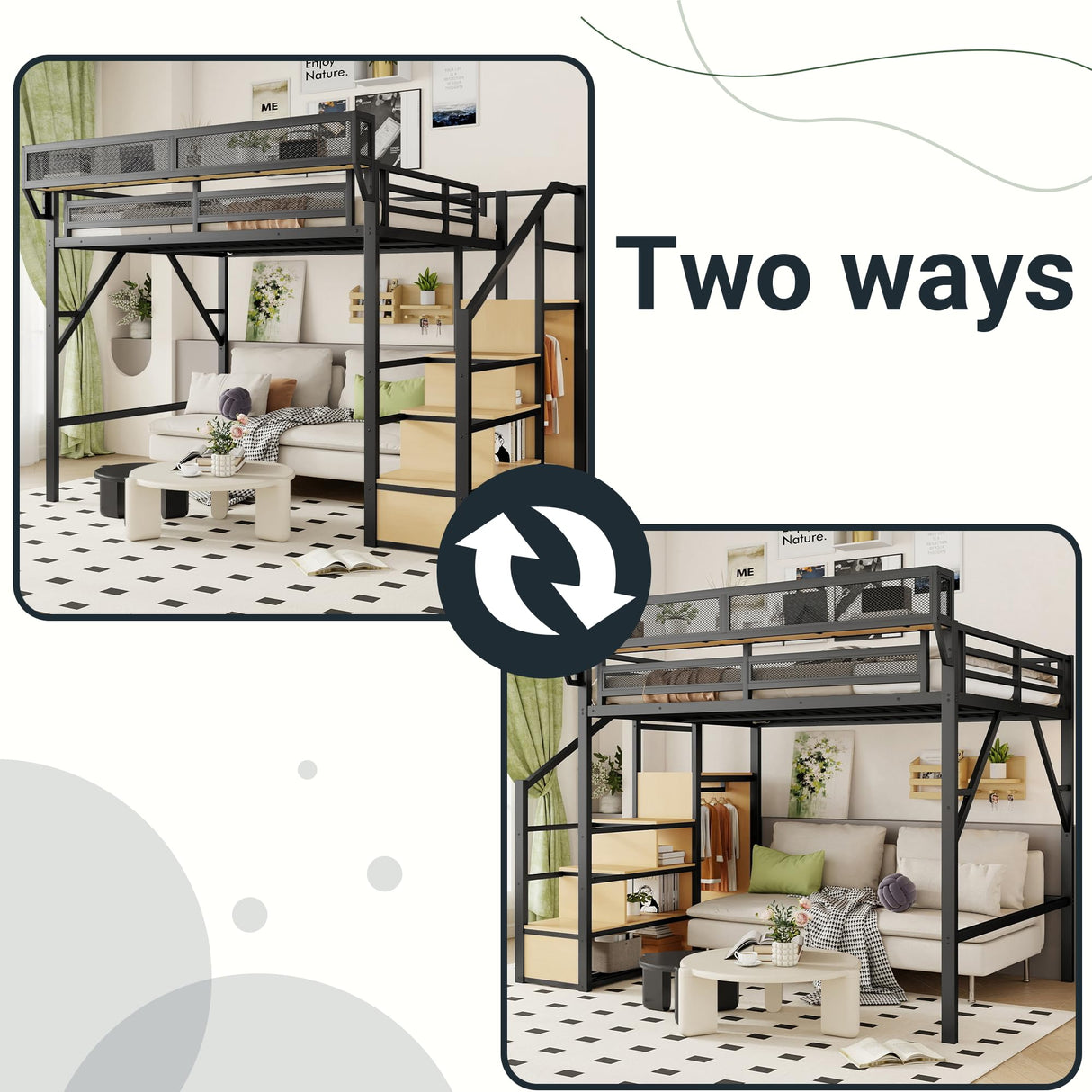 Mirightone Queen Size Loft Bed with Stairs, Metal Loft Beds, High Loft Bed Frame with Storage Shelves, Lofted Queen Bed with Wardrobe for Adults and Teens, No Box Spring Needed (Black+Natural) Mirightone