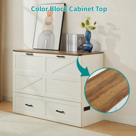 Tltaroni Queen Murphy Bed with Charging Station Large Storage Drawer, Farmhouse Wood Space Saving Hidden Foldable Cabinet Bed for Bedroom Office School, Rustic White Tltaroni
