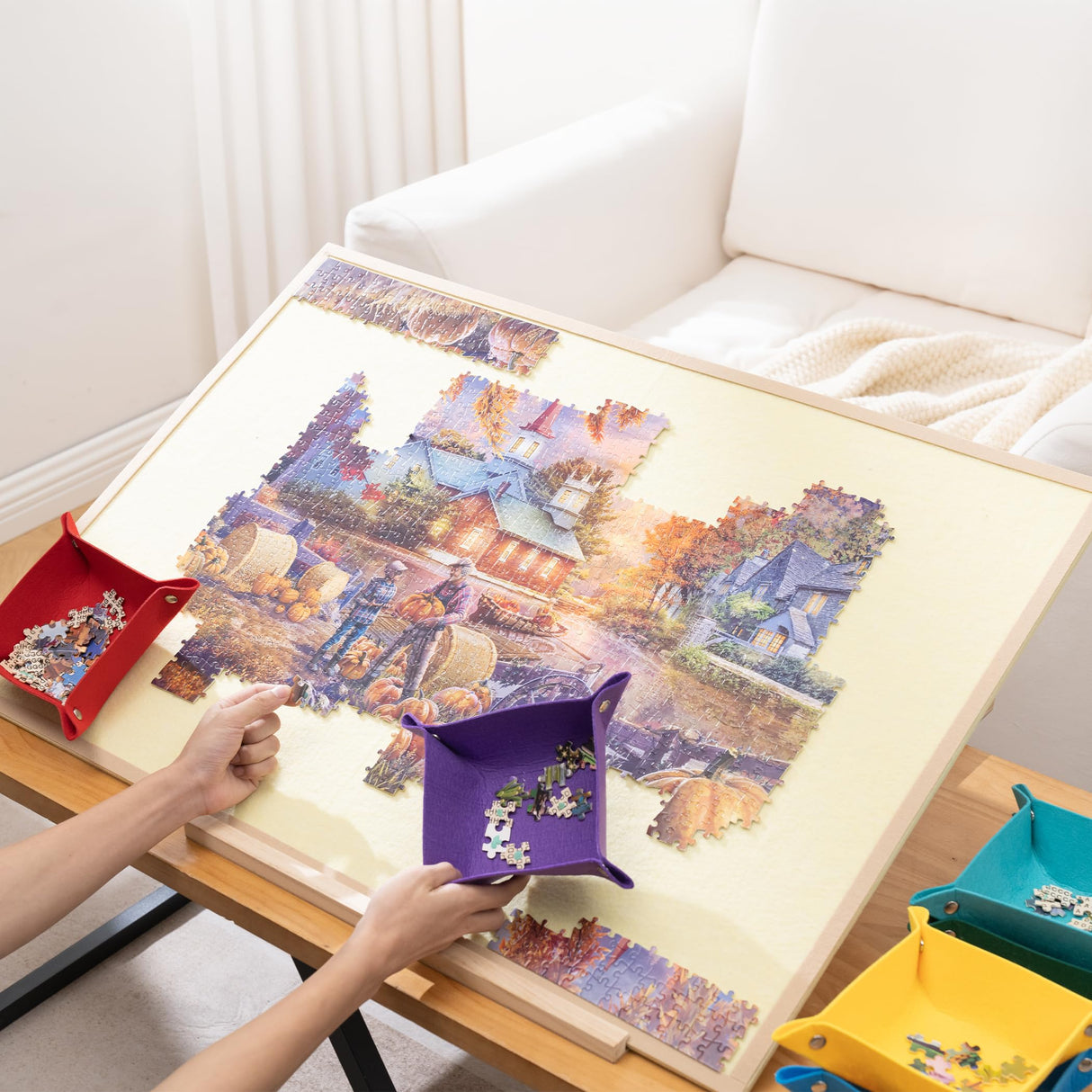 Tektalk Foldable Jigsaw Puzzle Board with 4 Angle Adjustable Bracket/Stand, Lightweight Portable Puzzle Mat Plateau with Wooden Easel, Foldaway Felt Puzzle Table, for Up to 1500 Pieces (Beige) Tektalk