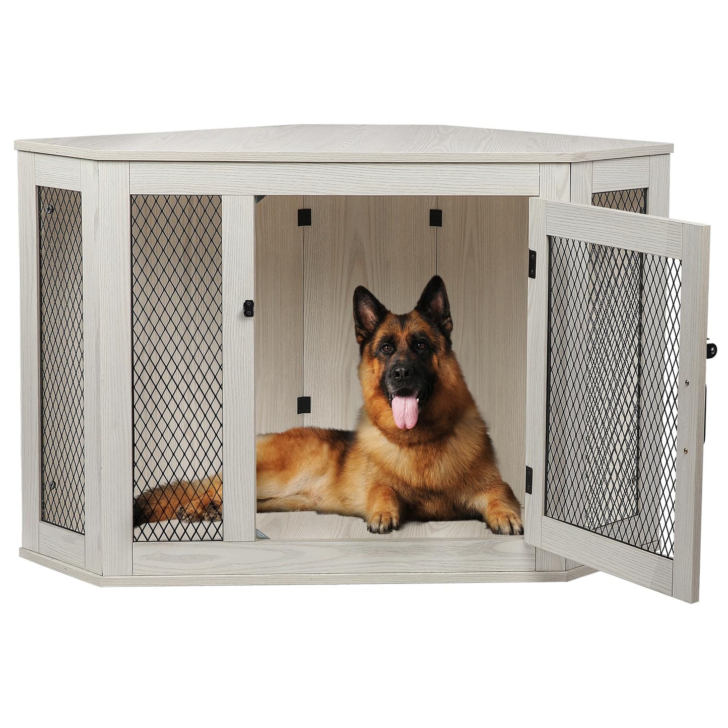 OFIKA Corner Dog Crate Furniture, Wooden Corner Dog Kennel Side End Table with Metal Mesh,Indoor Pet Crates Corner Side Table for Small Medium Large Dogs (Large, White)