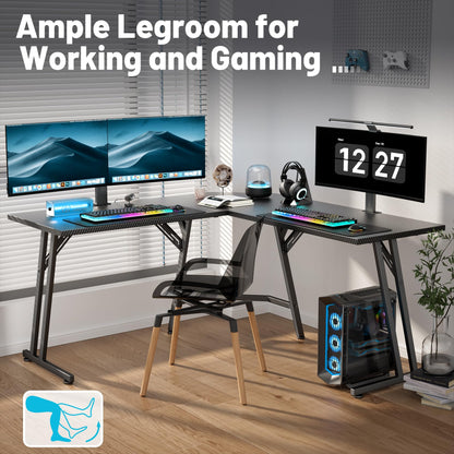 HLDIRECT 51 Inch L Shaped Gaming Desk, Corner Computer Desk with Carbon Fiber Surface, Space Saving PC Gaming Table for Home Office Writing Workstation, Easy to Install, Black