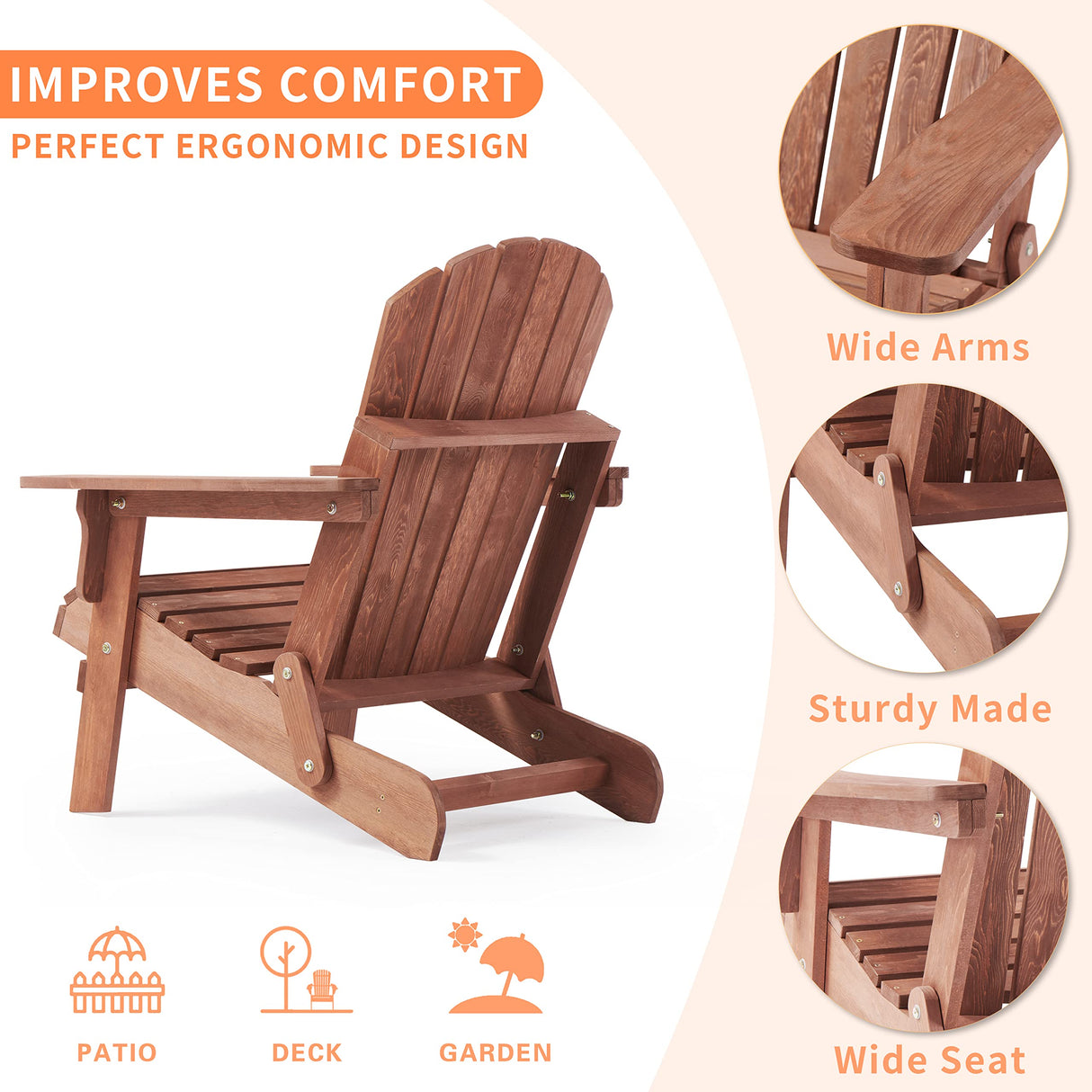 Oversize Wooden Outdoor Folding Adirondack Chair with Pre-Assembled BackRest & SeatBoard, Wood Patio Chair for Garden Backyard Porch Pool Deck Firepit SoliWood