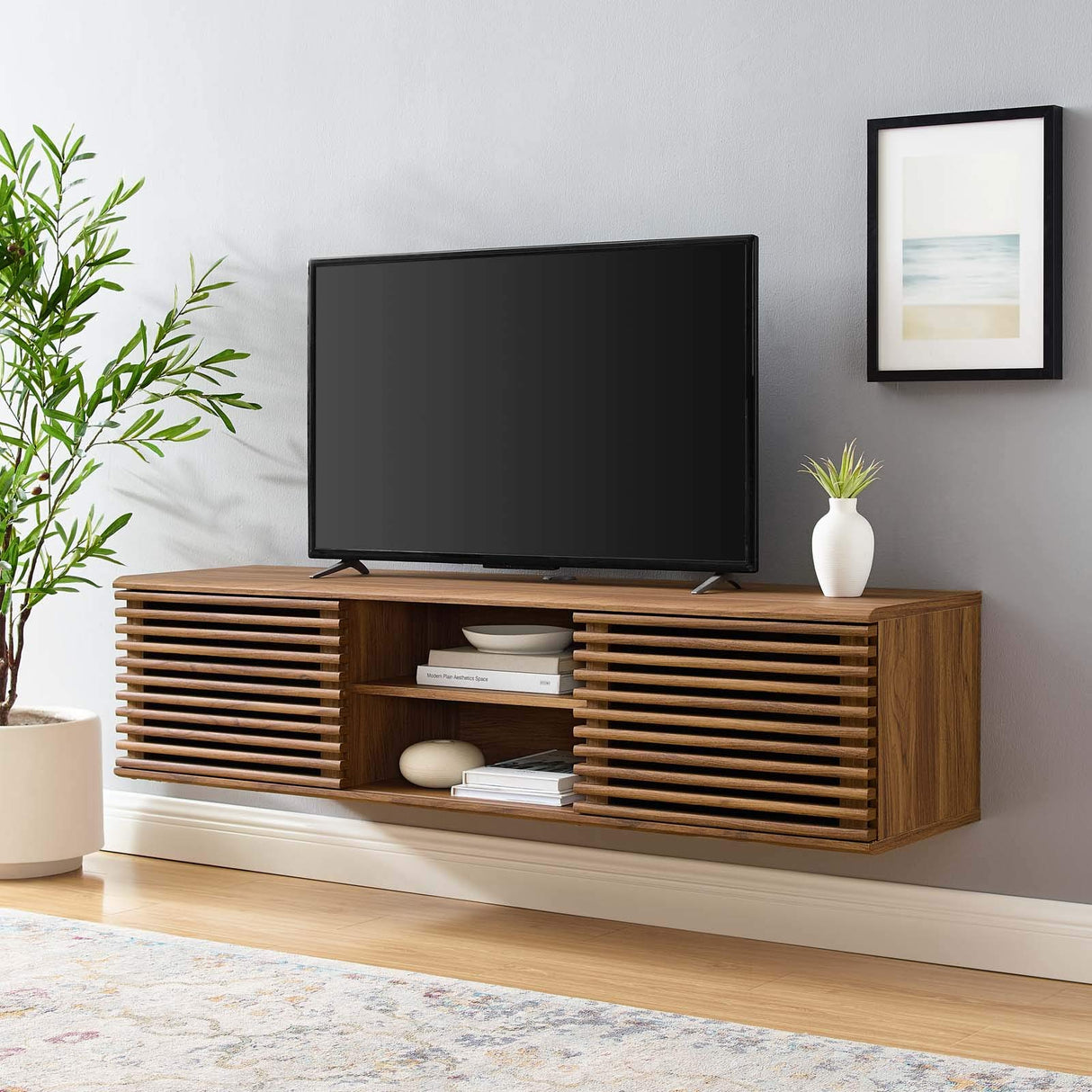Modway Render 60" Mid-Century Modern Wall Mount Media Console TV Stand, 60 Inch, Walnut Modway