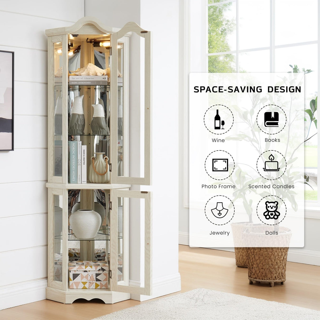 CKEASEAN Corner Curio Cabinet, 70.5" H Lighted Glass Display Case with 5 Adjustable Tempered Glass Shelves, Light Bulb Included, Wine Cabinet Rack for Bar and Liquor Storage (White) CKEASEAN