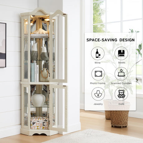 Eyisean Lighted Corner Curio Cabinet 70.5" Tall Wooden China Cabinet with Tempered Glass Doors, Freestanding Glass Display Case Wine Cabinet Storage Rack for Bar and Liquor Storage (White) Eyisean