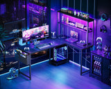 AODK L Shaped Desk Gaming Desk with LED Light & Power Outlet, 53 Inch Reversible L Shaped Computer Desk with Shelf, Corner Desk with Storage Bag&Hook for Home Office Desk, Black AODK