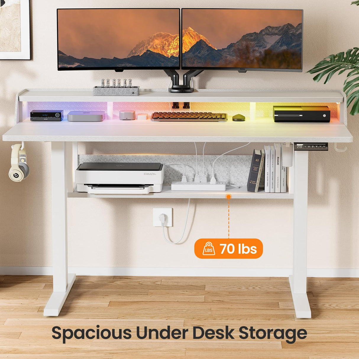 ErGear Standing Desk, 48x24 Inch Electric Standing Desk with Shelves, Height Adjustable Desk with Monitor Stand and Storage, Gaming Sit Stand Up Desk with LED Light for Home Office, White ErGear