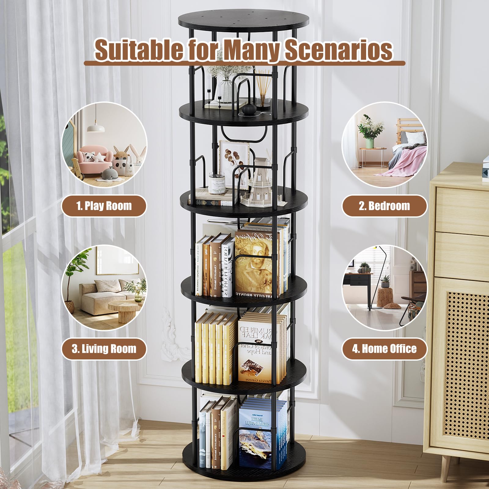 ALLSTAND 5-Tier 360° Rotating Black Bookshelf – Space-Saving Swivel Tower for Home Storage - WoodArtSupply