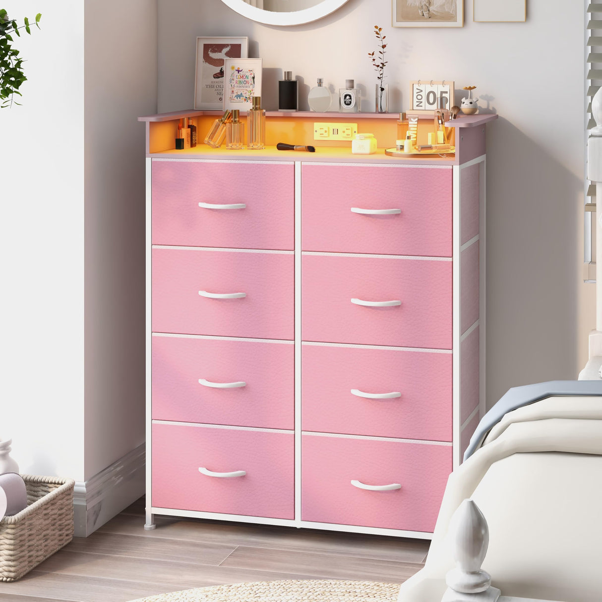 Welfuturer Pink Dresser for Bedroom with Charing Station Dressers with LED Lights Tall Dresser with 8 Drawers Storage Tower for Closet Living Room Hallway Entryway Sturdy Steel Frame Wood Top Welfuturer