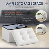 Ornavo Home Small Storage Ottoman Foldable Collapsible Rectangle Linen Ottoman Foot Rest Stool Seat, for Living Room, Bedroom, Home Office, Dorm - 12 x 16 x 12, White Ornavo Home