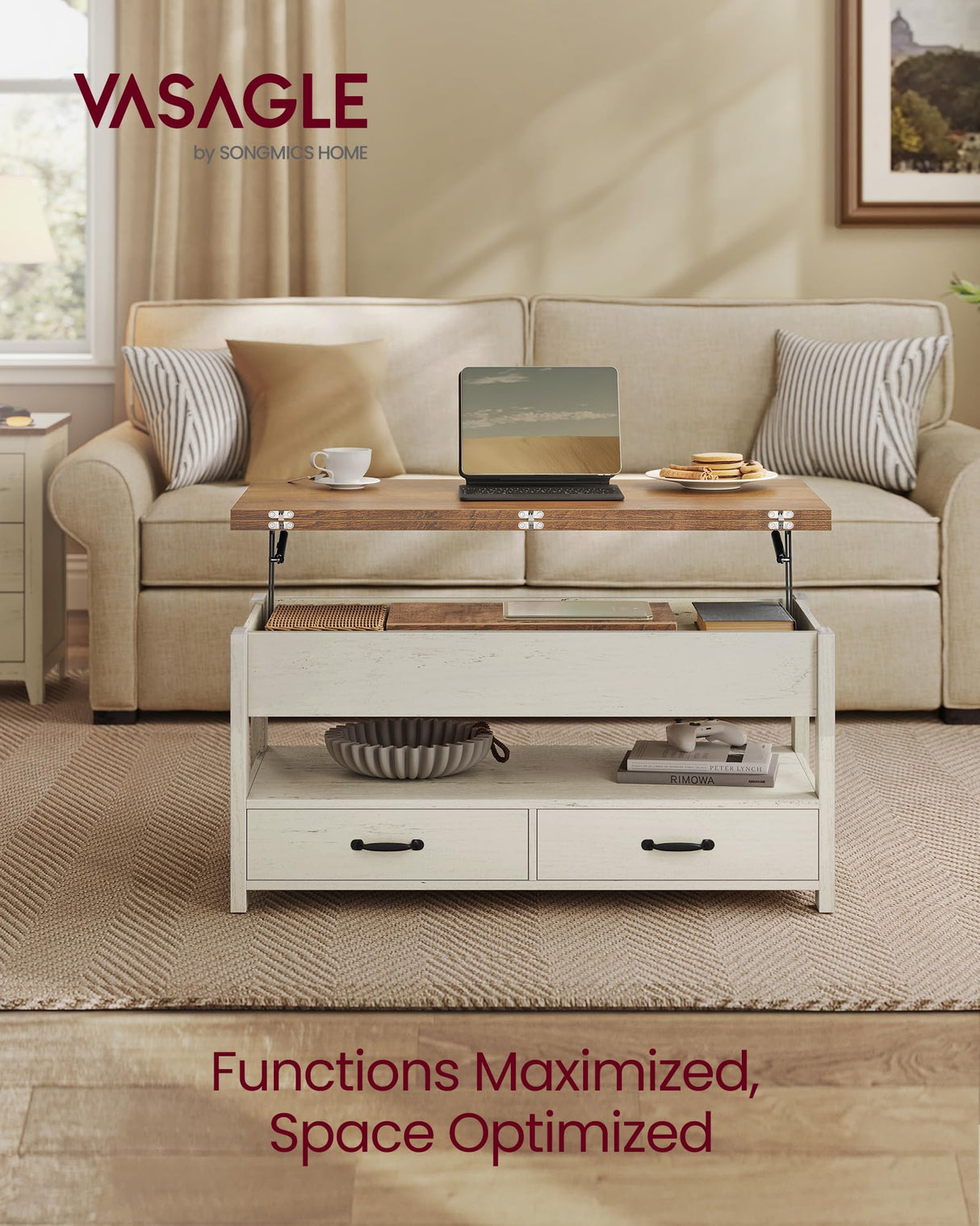 VASAGLE Coffee Table Lift Top, 3 in 1 Center Table with Storage, Gas Spring, 2 Drawers and 3 Hidden Compartments, Open Shelf, for Living Room, Home Office, Honey Brown and Rustic White ULCT254W01 VASAGLE
