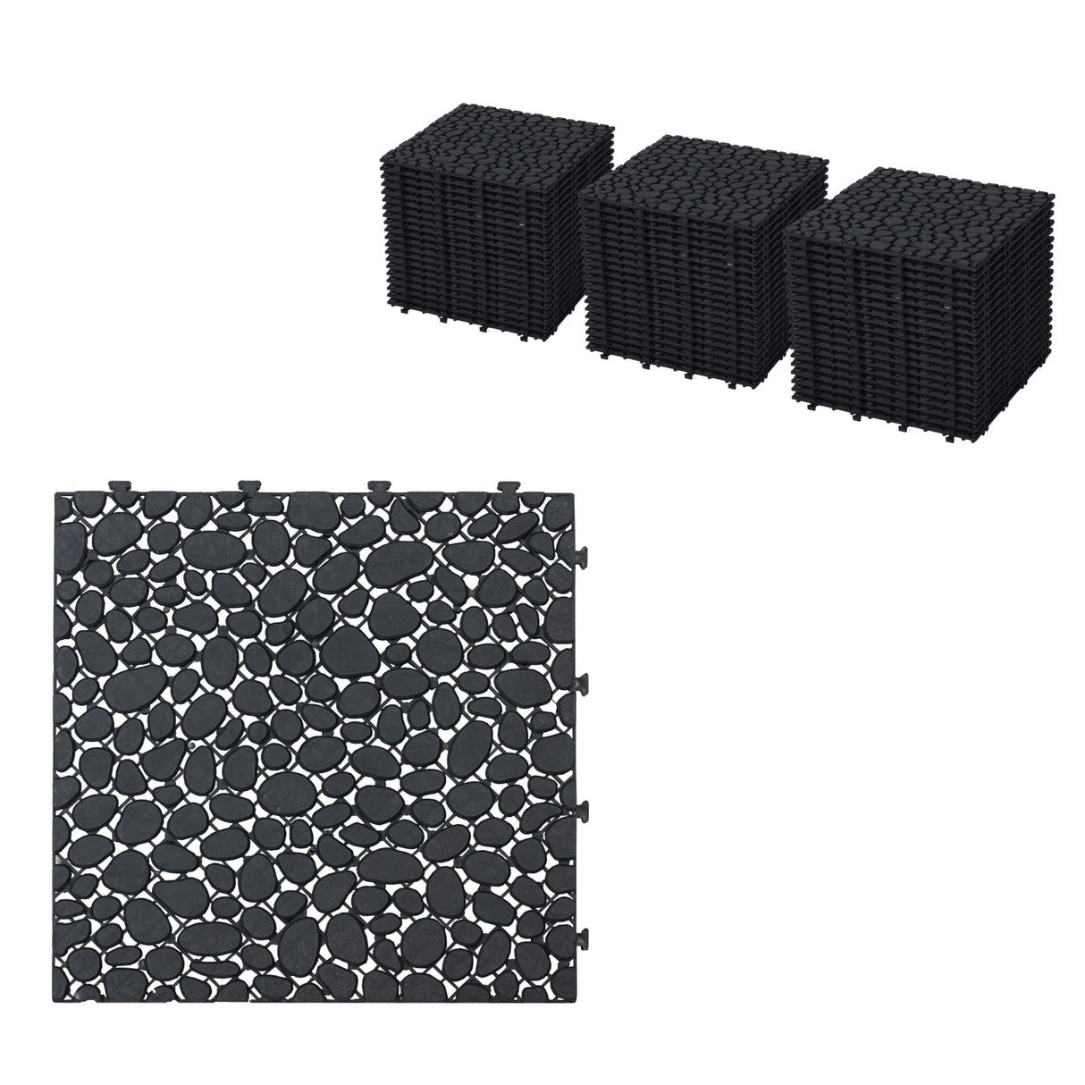 60 Pcs Floor Tiles, Pebble Pattern Plastic Interlocking Deck Tiles, 12" x 12" Patio Tile Outdoor Interlocking All Weather, Outdoor Waterproof Flooring for Bathroom Shower, Balcony, Porch, Black cloblane