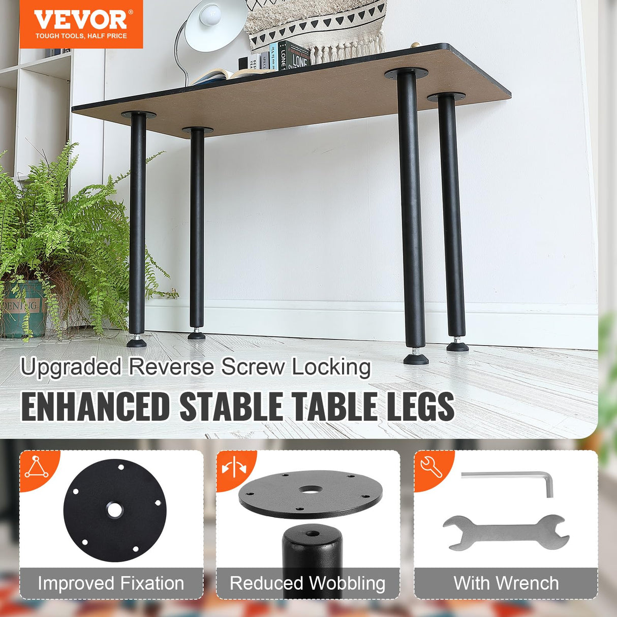 VEVOR 28 Inch Adjustable Desk Legs, Reinforced Steel Office Table Furniture Legs Set of 4 for DIY, 1200 lbs Load Capacity Heavy Duty Desk Legs, Quick Instalation Legs with Adjustable Foot Cup Black VEVOR