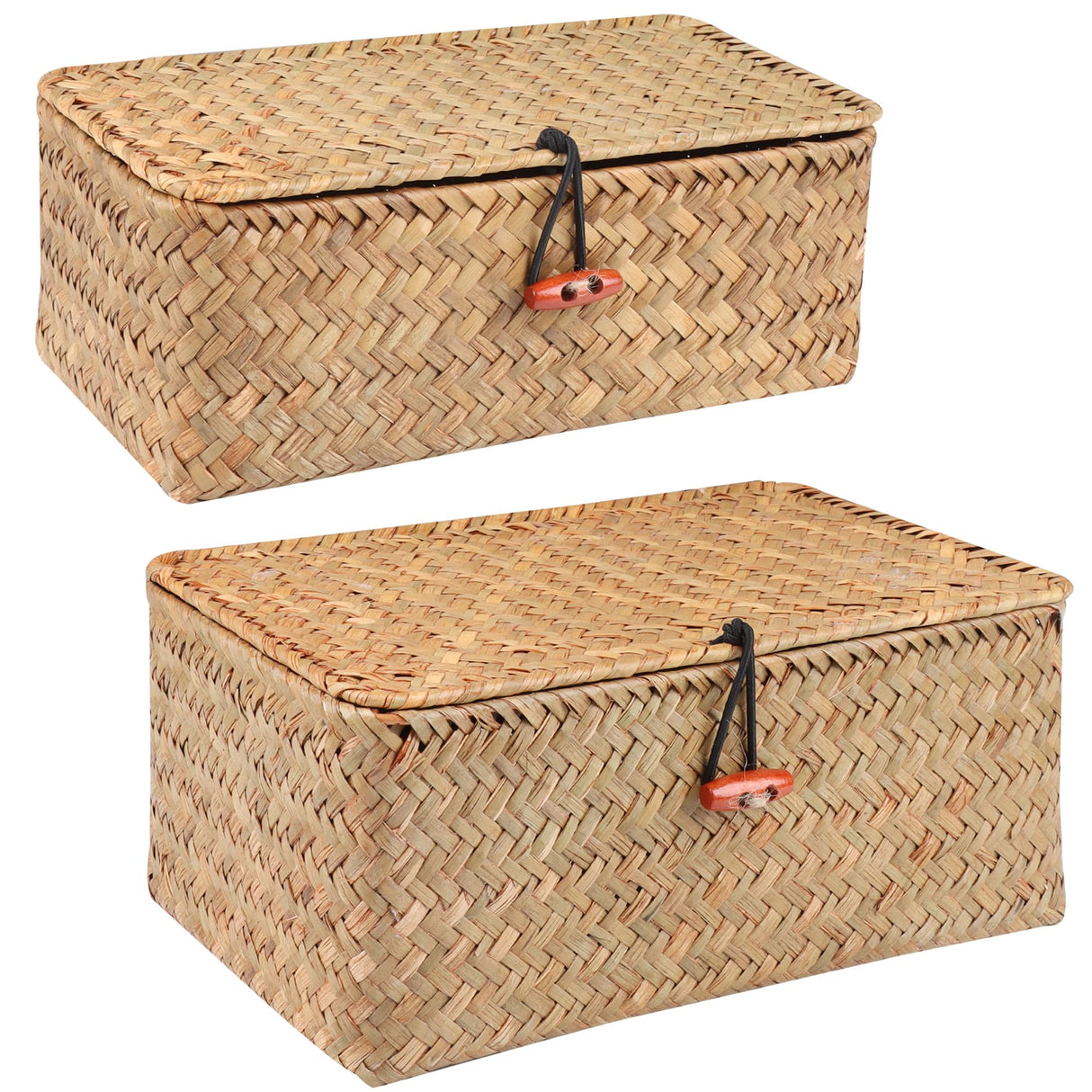 Moosky Wicker Shelf Baskets with Lid,Handwoven Seagrass Basket for Storage Basket Bins Rectangular Home Organizer Gift Boxes (Natural Set of 2) Moosky