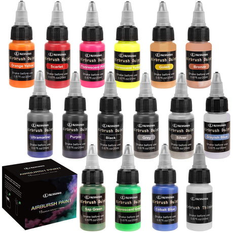 Airbrush Paint, 15 Colors with 1 Thinner Air Brush Painting Set, Water-Based Acrylic Ready to Spray Airbrush Paint for Nails, DIY, Artists, Hobbyist, Beginners, 0.67 oz, 20ml/Bottle K KERNOWO