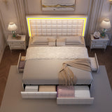 GEGOFORU LED Upholstered King Bed Frame with Adjustable Headboard and 4 Drawers in PU White GEGOFORU