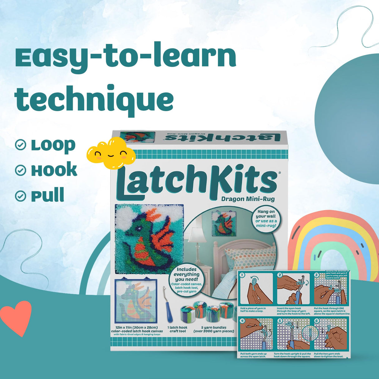 LatchKits Latch Hook Kits for Kids – Kids Crafts, Arts and Crafts, Yarn Art, Wall Hanging & Mini-Rugs, Craft Supplies, Pre-Cut Yarn, Easy to Follow Pattern, Hook Included, Arts & Craft, Ages 6+ LatchKits