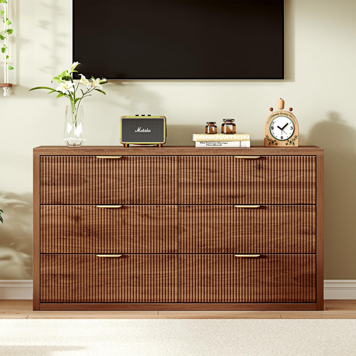 Ieejdn 55.12" Modern Chest of Drawer, 6 Deep Drawers,Clothes Organizer,Large Storage Cabinet for Living Room, Bedroom,Dresser TV Stand, Wood Drawer Organizer for Living Room, Hallway, Saddle