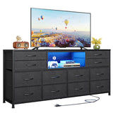 BTHFST LED TV Stand Dresser for Bedroom with Power Outlets, 55 inch Entertainment Center with 12 Drawers, Media Console Table for 32/45/55/60 inch TVs, Chest of Drawers for Bedroom, PU Black BTHFST