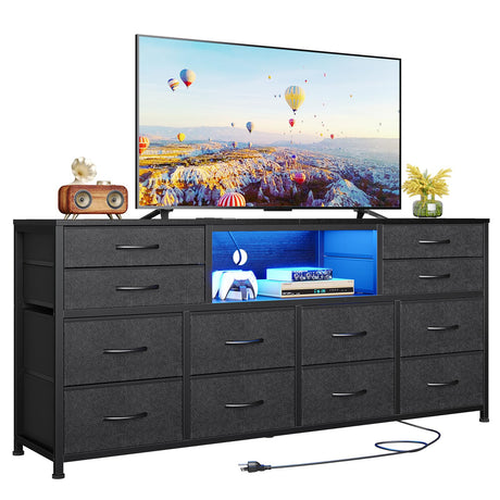 BTHFST LED TV Stand Dresser for Bedroom with Power Outlets, 55 inch Entertainment Center with 12 Drawers, Media Console Table for 32/45/55/60 inch TVs, Chest of Drawers for Bedroom, PU Black BTHFST