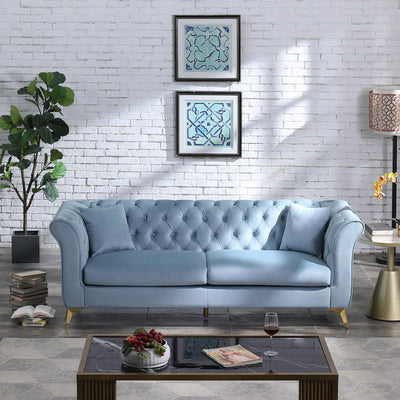 Alberobelo Chesterfield Sofa, 87" Blue Velvet Modern Couch, 3 Seater with Deep Seats, Mid-Century Design, Comfortable Sofa for Living Room, Bedroom and Office
