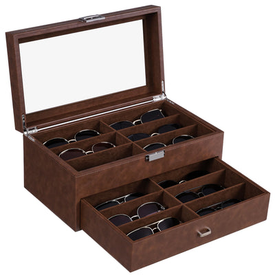 BEWISHOME Sunglasses Organizer, 12 Slots Sunglasses Case for Women Men, Eyeglasses Eyewear Display Case with Clear Glass Top, Faux Leather,Brown SSH48Z