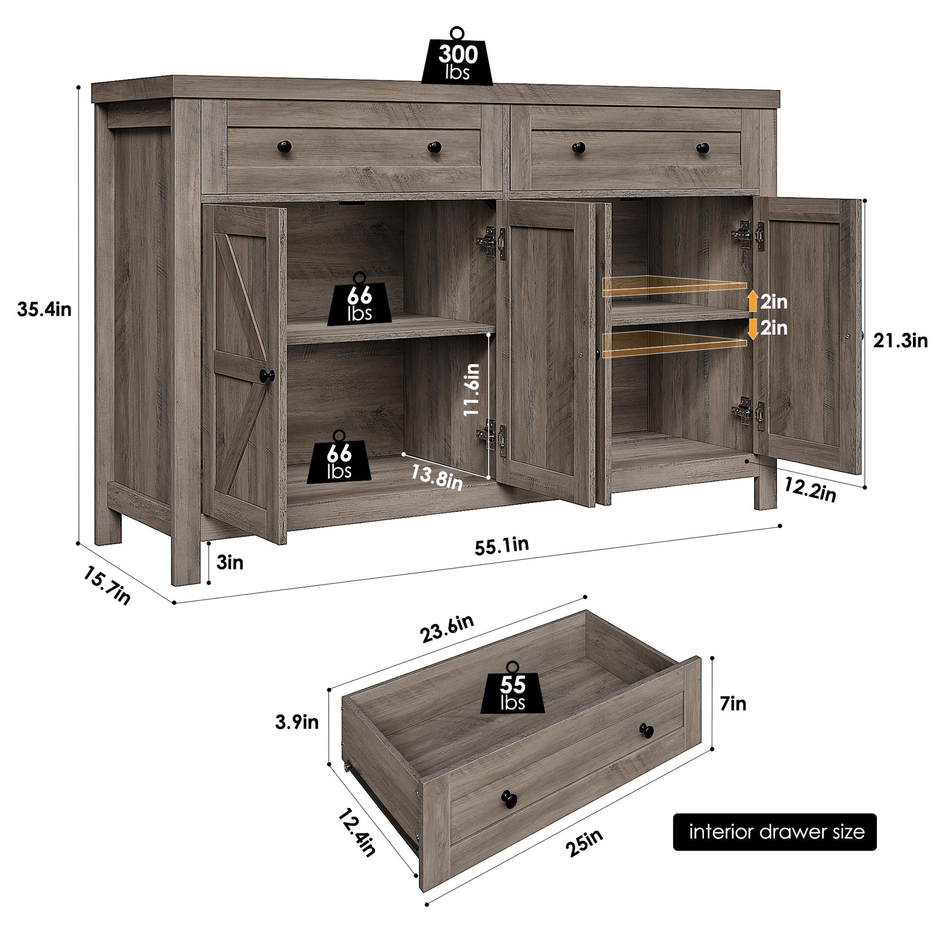 HOSTACK 55" Buffet Sideboard Cabinet with Storage, Modern Farmhouse Coffee Bar Cabinet with Drawers and Shelves, Barn Door Storage Cabinet for Kitchen, Living Room, Ash Grey - WoodArtSupply