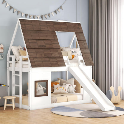 Merax Twin Over Twin House Bunk Bed Frame with Roof,Window,Ladder and Slide for Boys Girls, White & Brown