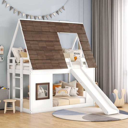 Merax Twin Over Twin House Bunk Bed Frame with Roof,Window,Ladder and Slide for Boys Girls, White & Brown