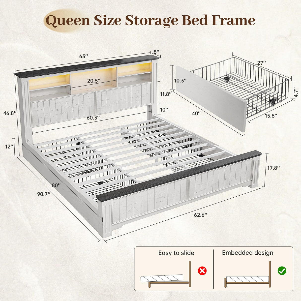 EnHomee Queen Bed Frame with Headboard, Bed Frame Queen Size with 4 Drawers Charging Port & LED, Farmhouse Queen Bed Built in Charging Station,No Box Spring Needed,NO Noise,White with Grain Marks EnHomee