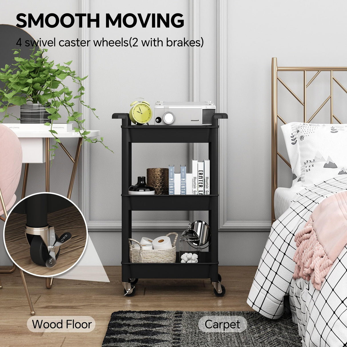 Steehoom 3-Tier Utility Rolling Cart with Cover Top Board, Mobile Utility Cart with Lockable Casters Multi-Functional Storage Trolley for Office, Bathroom, Kitchen, Garden, Laundry Room (Black) Steehoom