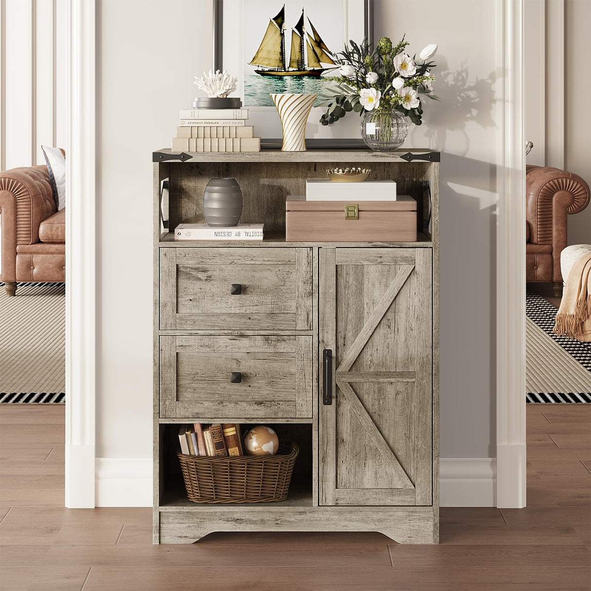 Fameill Farmhouse Storage Cabinet with 2 Drawers&Shelves,Freestanding Storage Cabinet with Doors&Open Storage,Floor Storage Cabinet for Living Room,Bathroom,Kitchen,Laundry,Light Rustic Oak Fameill