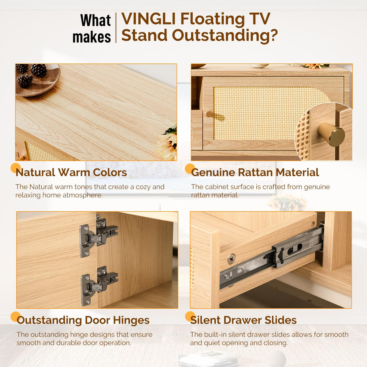 VINGLI 58" Rattan Floating TV Stand, Wall Mounted Entertainment Center with Storage and Drawer, Media Console with Storage Cabinet Shelf Under TV for Living Room, Natural Oak VINGLI