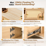 VINGLI 58" Rattan Floating TV Stand, Wall Mounted Entertainment Center with Storage and Drawer, Media Console with Storage Cabinet Shelf Under TV for Living Room, Natural Oak VINGLI