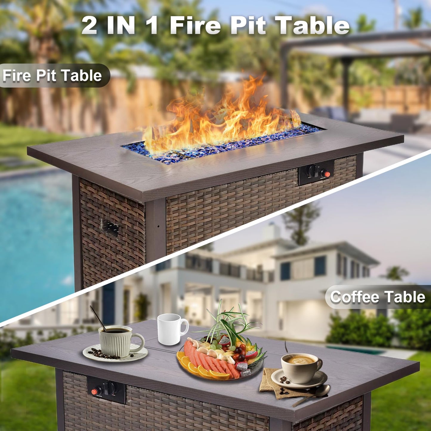 Patio Furniture Set, 7 Pieces Wicker Outdoor Furniture Set with Fire Pit Table, PE Rattan Outdoor Conversation Sofa Set, Sectional Couch with All-Weather No-Slip Cushions Waterproof Covers Black