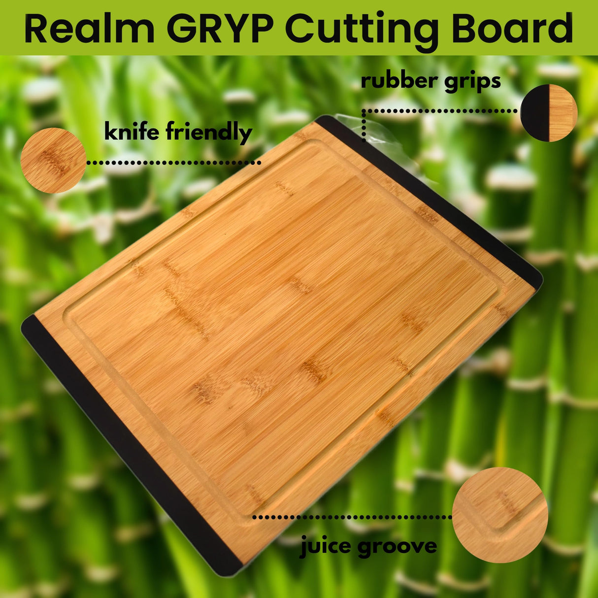 Realm 11" x 15" Bamboo Stronghold Cutting Board | Non-Slip with Juice Groove | Organic Sustainable Premium Bamboo Wood Realm