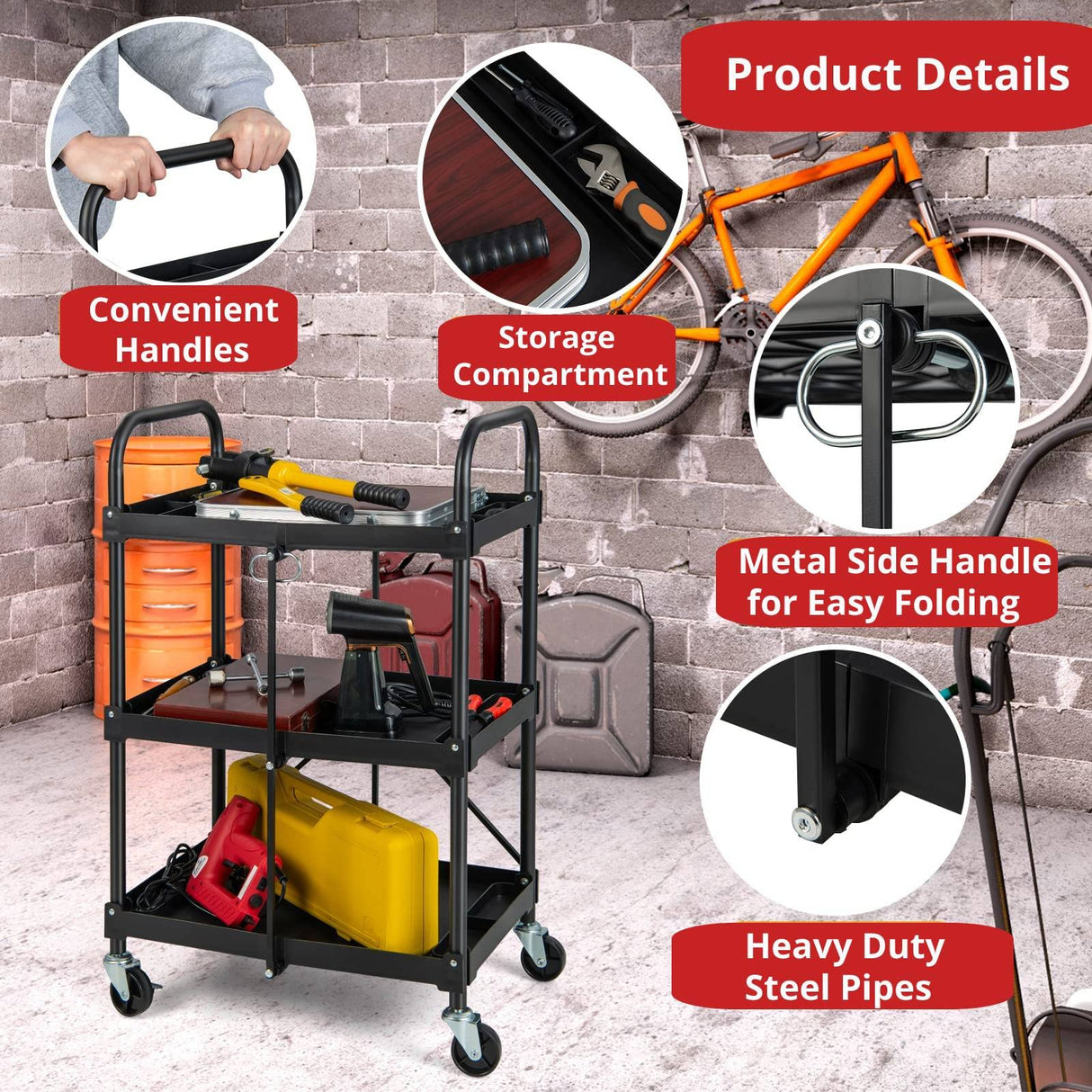 IRONMAX Folding Tool Cart on Wheels, Heavy Duty 3 Tier Foldable Utility Cart w/ 4 Universal Wheel & Compartments, Lightweight Collapsible Service IRONMAX