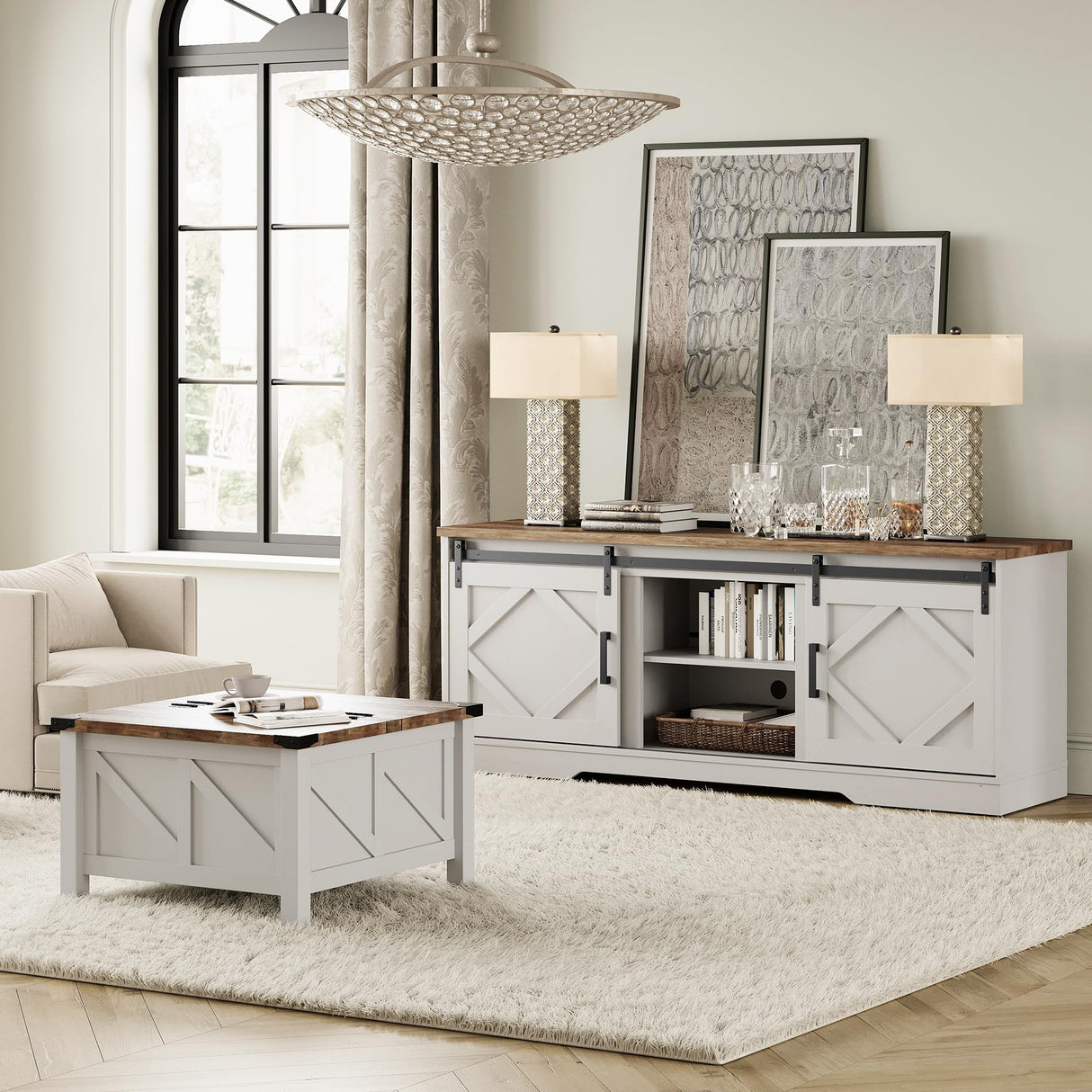 WAMPAT Farmhouse TV Stand and Coffee Table Set of 2,Modern Entertainment Center for TVs Up to 75'', Square Wood Center Table with Gas Struts Lift-Top for Living Room,White WAMPAT