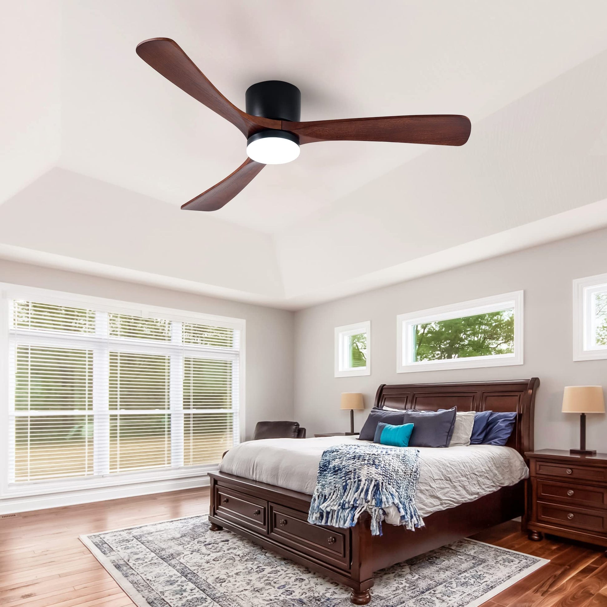 HUMHOLD 52" Wood Ceiling Fan with Lights Remote, Reversible DC Motor 6-Speed Ceiling Fan, 3 Blades Low Profile Flush Mount Ceiling Fans, Modern Ceilingfans for Low Profile, Walnut and Matte B - WoodArtSupply