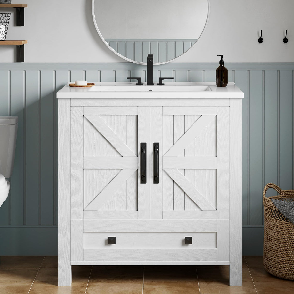 YITAHOME 30" Farmhouse Bathroom Vanity with Sink Combo, Small Space Bathroom Storage Cabinet with Large Drawer, 2 Soft-Closing Wood Barn Doors with Built-in Shelves, White YITAHOME