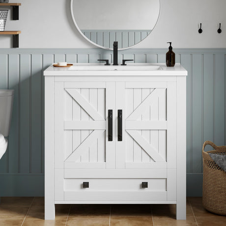 YITAHOME 30" Farmhouse Bathroom Vanity with Sink Combo, Small Space Bathroom Storage Cabinet with Large Drawer, 2 Soft-Closing Wood Barn Doors with Built-in Shelves, White YITAHOME