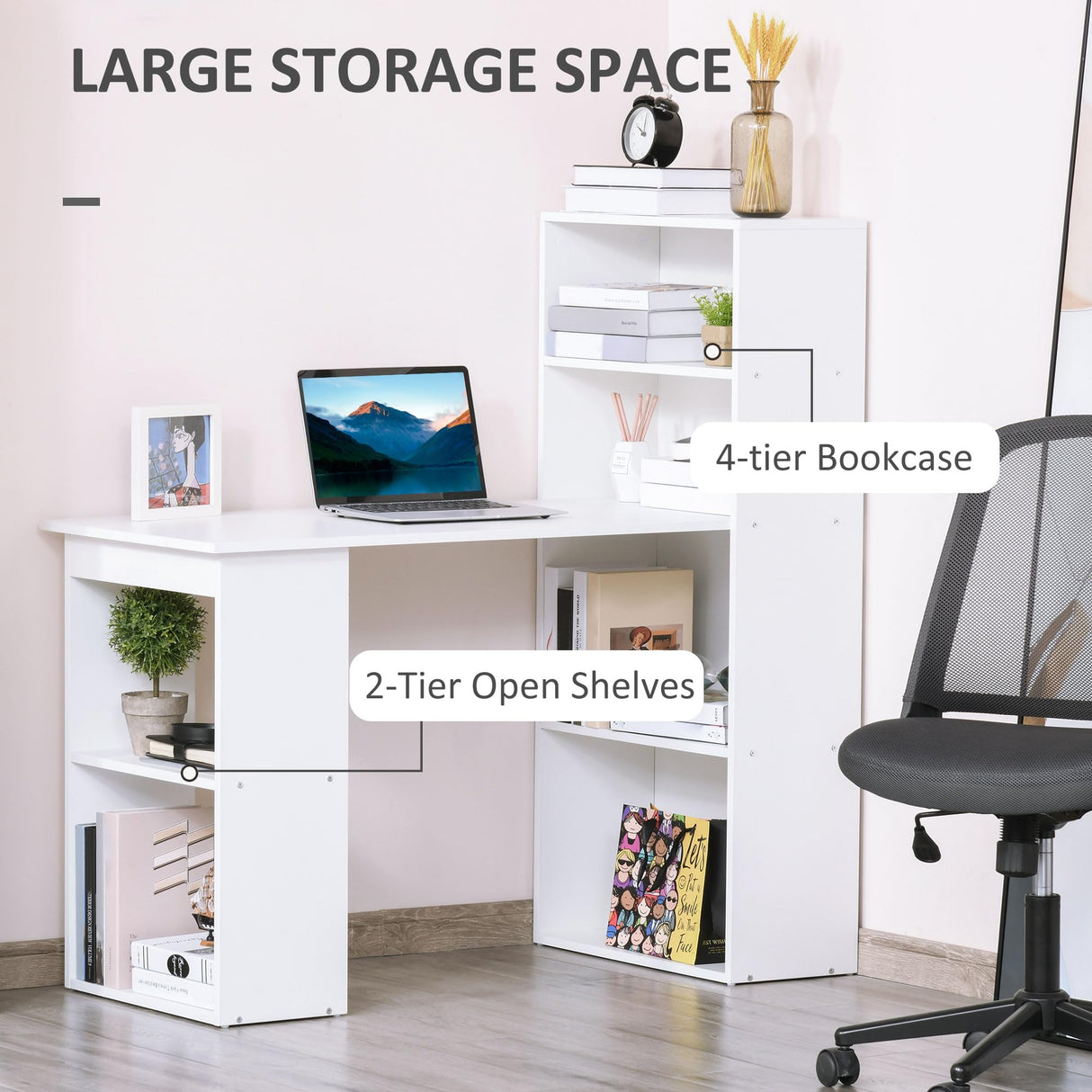 HOMCOM 47" Modern White Home Office Desk with 6-Tier Storage Shelves HOMCOM