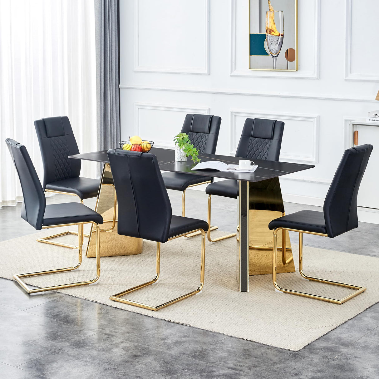 TesNus 7 Pieces Dining Table Set,63" Marble Kitchen Room Table with 6 Black Chairs,Rectangle Sintered Stone Top with Gold Legs,Large Dining Set for 6 Person for Kitchen Dining Room TesNus