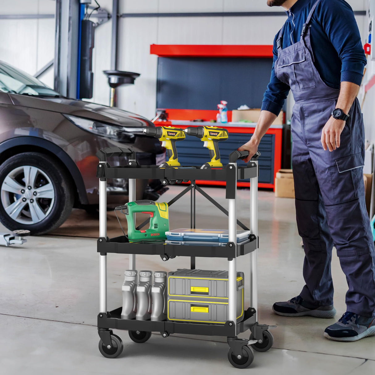 YITAHOME Folding Utility Service Cart, 350LBS 3 Tier Foldable Cart with Wheels Collapsible Cart on Wheels with 360°Swivel Wheels (2 with Brakes), Portable Cart for Home Garage Restaurant Office YITAHOME