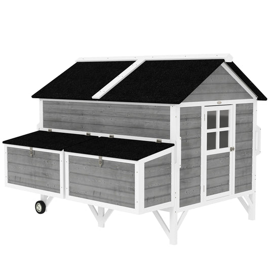 PawHut 59" Wooden Chicken Coop with Wheels and Handles, Mobile Chicken House with 2 Nesting Boxes, 2 Trays, 4 Perches, Chicken Tractor for 4-6 Chickens, Small Animals, Rabbit Hutch for Backyard, Gray