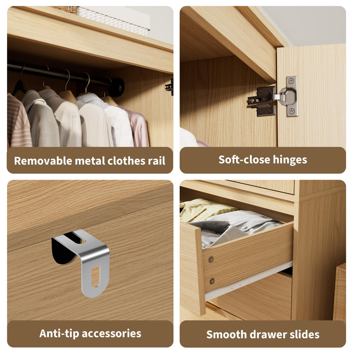 GarveeHome Armoire Wardrobe Closet, 69.5 in Wooden Wardrobe Cabinet with 3 Drawers, Hanging Rod, 2 Doors Clothing Storage Cabinet for Bedroom, Large Capacity Storage, Rattan Door, Natural GarveeHome